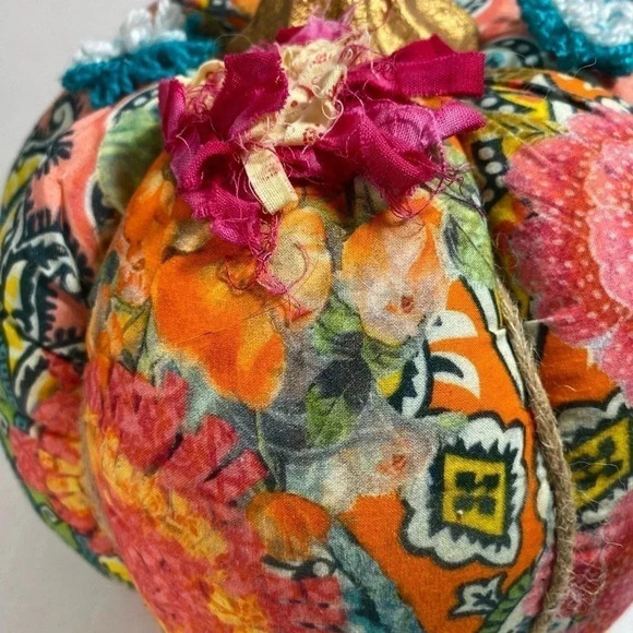 Mixed Fabric Pumpkin Gold Stem Bohemian Twine Flowers Orange Pink Teal 10 In. - Picture 8 of 11